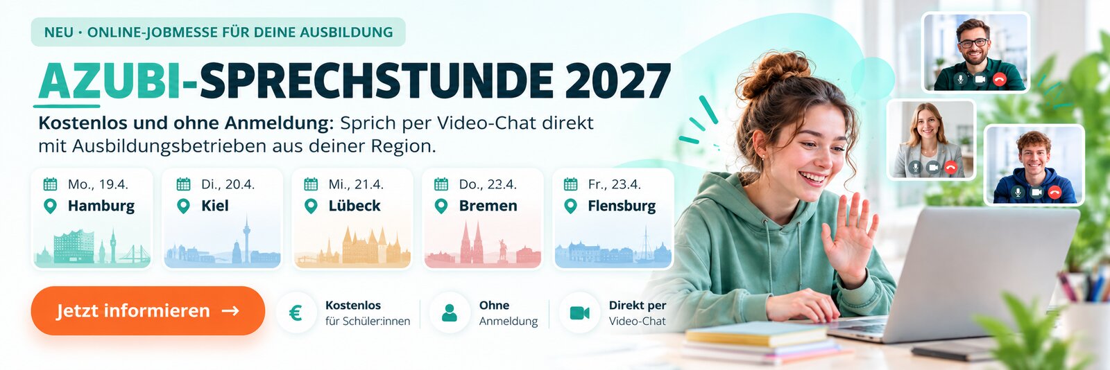 AZUBI-SPRECHSTUNDE 2027: Online-Jobmesse vom 19. bis 23. April 2027 in Hamburg, Kiel, Lübeck, Bremen und Flensburg