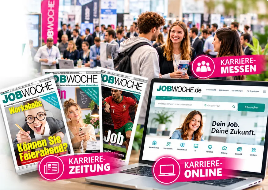 Karrieremessen, Karrierezeitung und Karriere-Online: Messebesucher, JOBWOCHE-Ausgaben und JOBWOCHE.de auf dem Laptop