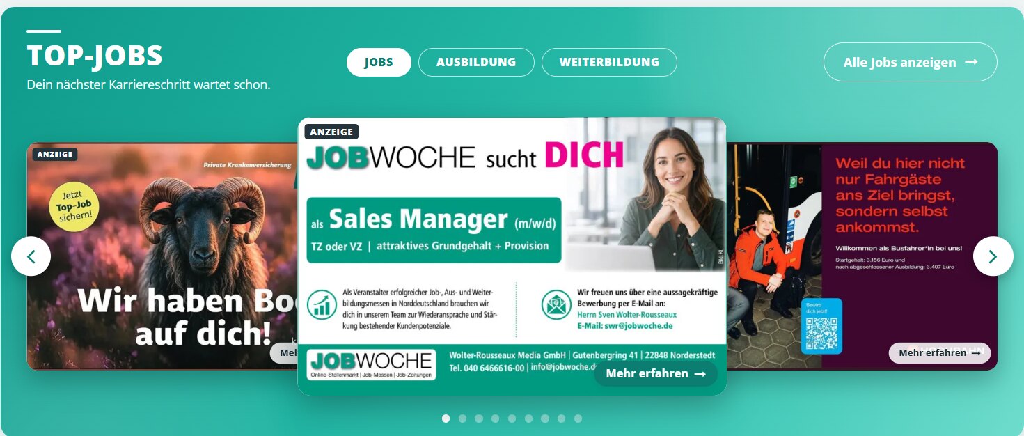 Top-Job-Galerie auf der Startseite von JOBWOCHE.de mit Anzeigenmotiven