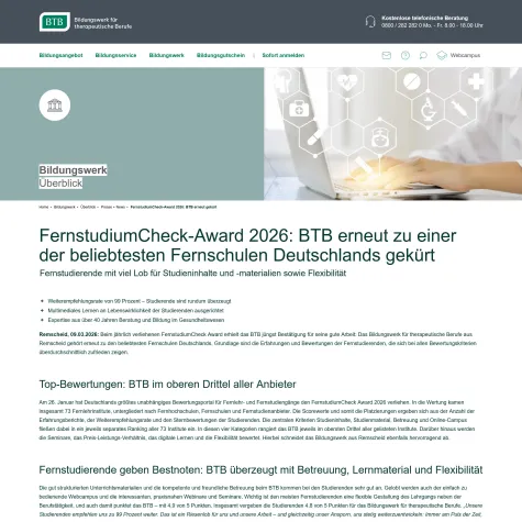 FernstudiumCheck-Award 2026: BTB erneut zu einer der beliebtesten Fernschulen Deutschlands gekürt